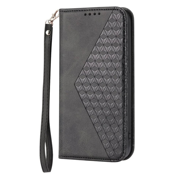 For Nothing phone (1) 5G Rhombus Pattern Imprinted Phone Case Calf Texture PU Leather Stand Magnetic Absorption Wallet Cover with Strap - Black - 7