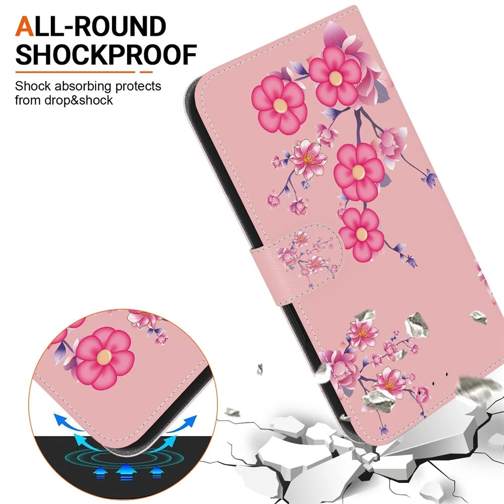 For iPhone 18 Pro Max / 17 Pro Max Wallet Phone Case Anti-Drop Leather Flip Cover Pattern Printing with Strap - Sakura - 4
