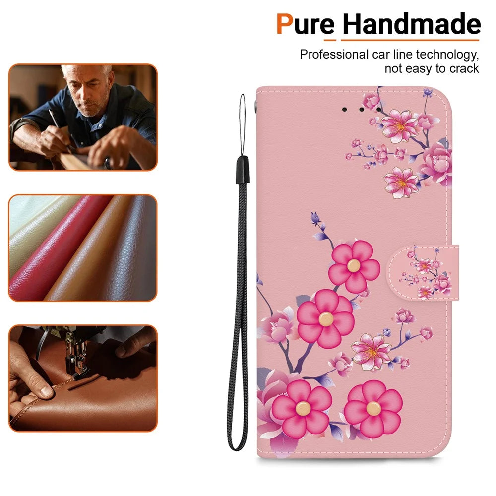 For iPhone 18 Pro Max / 17 Pro Max Wallet Phone Case Anti-Drop Leather Flip Cover Pattern Printing with Strap - Sakura - 6