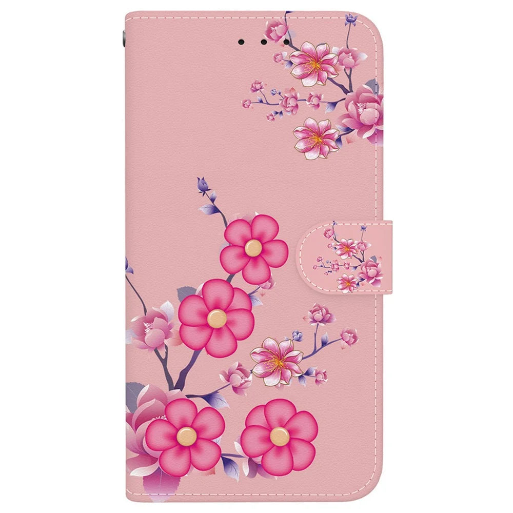 For iPhone 18 Pro Max / 17 Pro Max Wallet Phone Case Anti-Drop Leather Flip Cover Pattern Printing with Strap - Sakura - 7