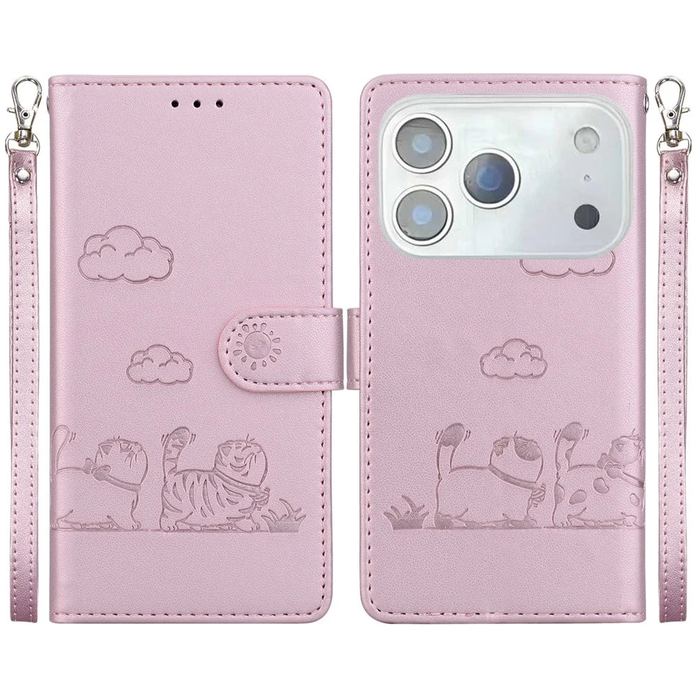 For iPhone 18 Pro Max / 17 Pro Max Case RFID Blocking Kitten Pattern TPU + PU Leather Phone Cover with Wrist Strap - Pink - 1