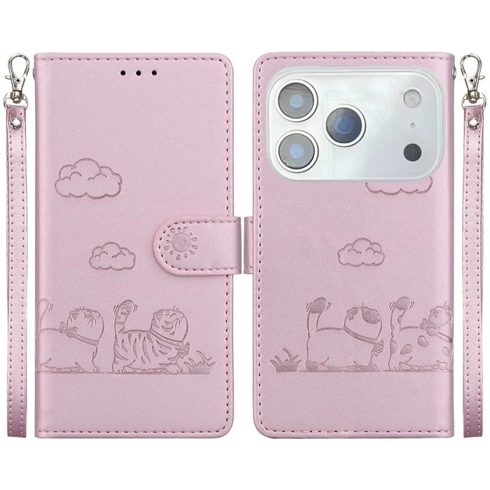 For iPhone 18 Pro Max / 17 Pro Max Case RFID Blocking Kitten Pattern TPU + PU Leather Phone Cover with Wrist Strap - Pink - 1