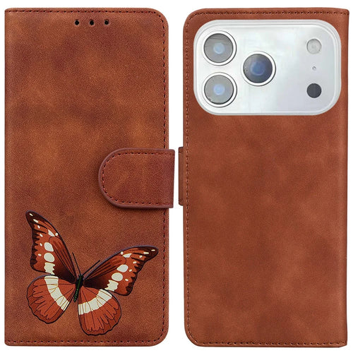 For iPhone 18 Pro Max / 17 Pro Max Stand Case PU Leather Phone Cover Butterfly Printed - Brown - 1