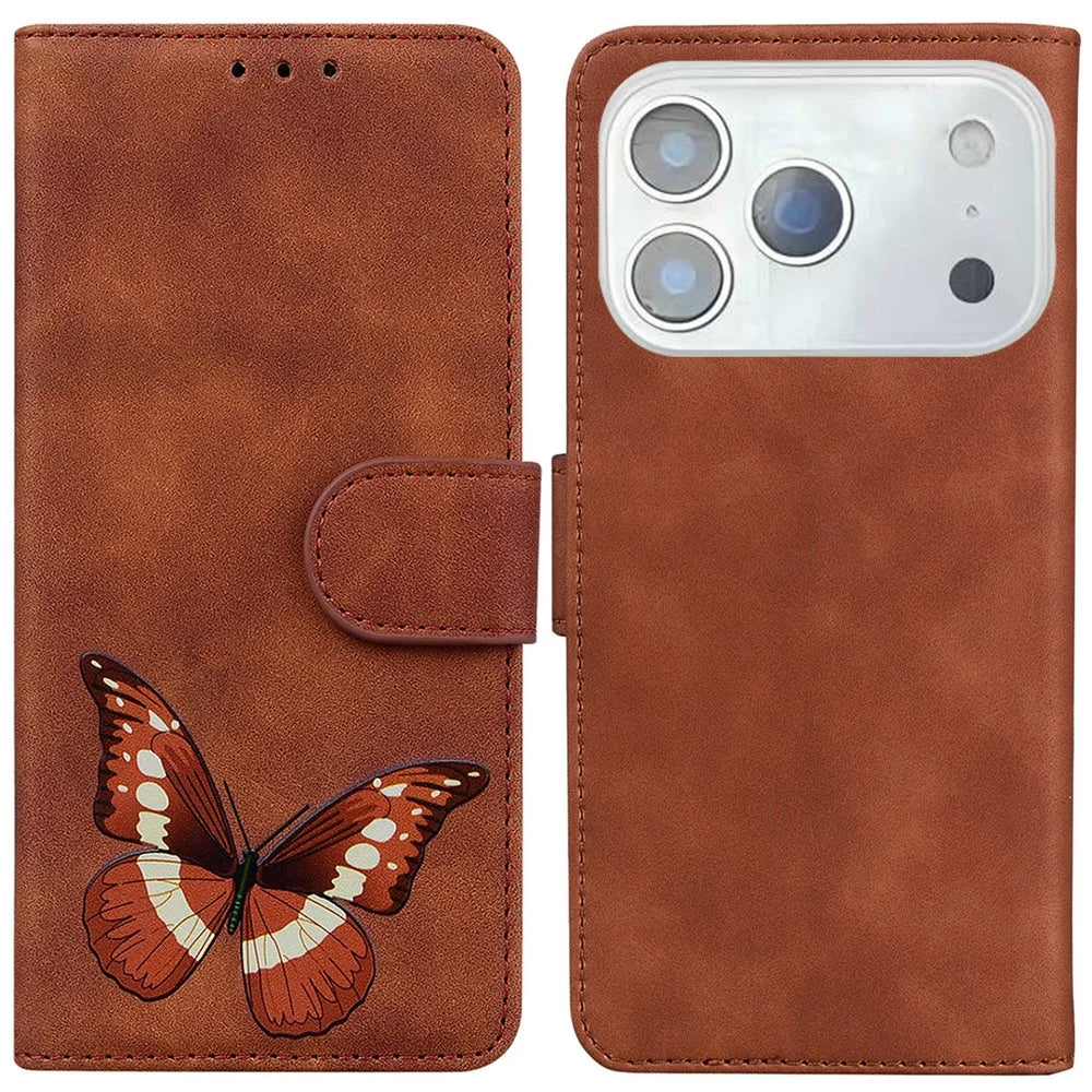 For iPhone 18 Pro Max / 17 Pro Max Stand Case PU Leather Phone Cover Butterfly Printed - Brown - 1