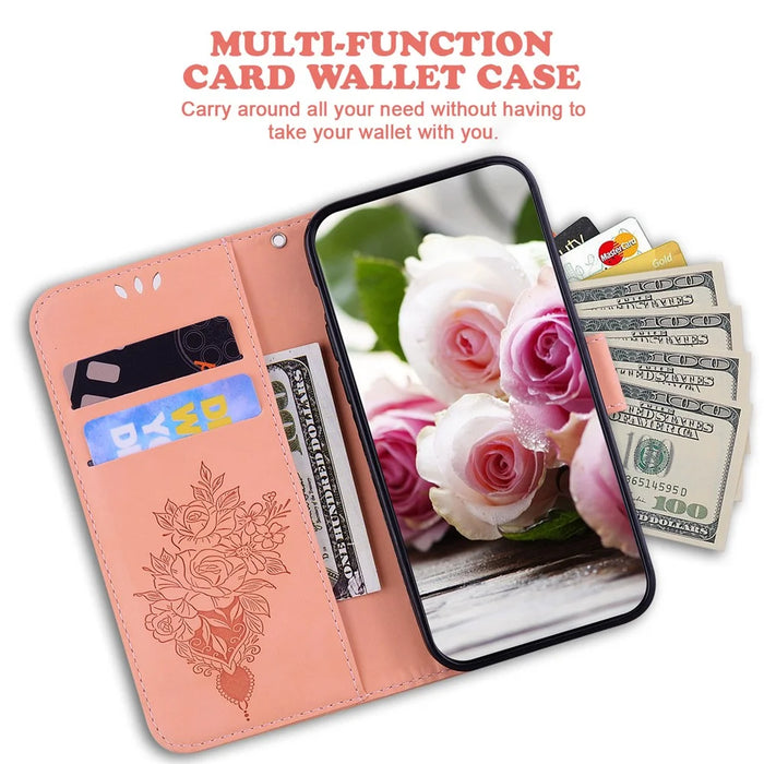 For iPhone 18 Pro Max / 17 Pro Max Case Butterfly Flower Imprint PU Leather Wallet Phone Cover with Strap - Pink - 2