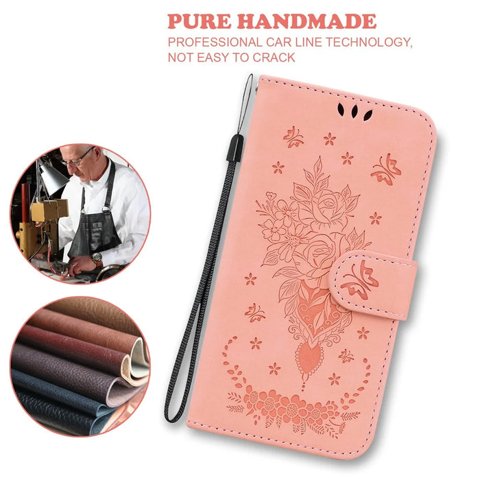 For iPhone 18 Pro Max / 17 Pro Max Case Butterfly Flower Imprint PU Leather Wallet Phone Cover with Strap - Pink - 4