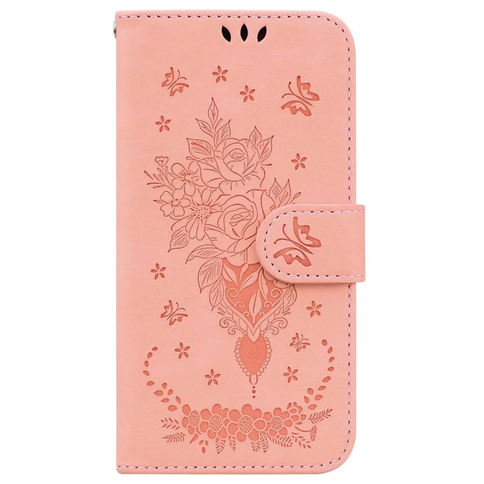 For iPhone 18 Pro Max / 17 Pro Max Case Butterfly Flower Imprint PU Leather Wallet Phone Cover with Strap - Pink - 6