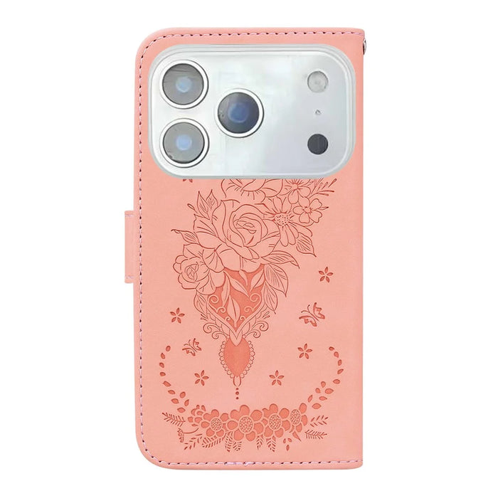 For iPhone 18 Pro Max / 17 Pro Max Case Butterfly Flower Imprint PU Leather Wallet Phone Cover with Strap - Pink - 7