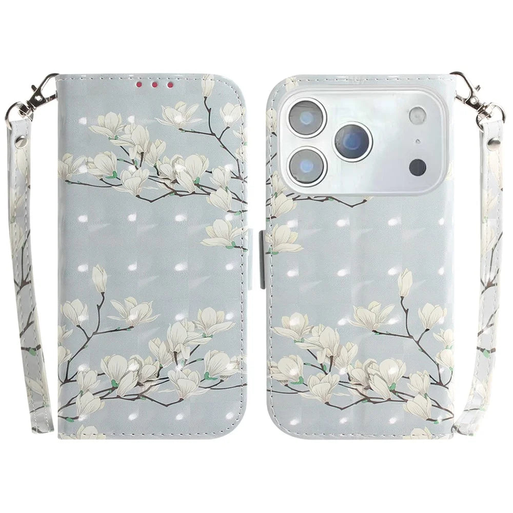 For iPhone 18 Pro Max / 17 Pro Max Case Pattern Printing Leather Wallet Phone Cover with Wrist Strap - Magnolia - 1