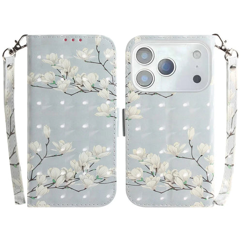 For iPhone 18 Pro Max / 17 Pro Max Case Pattern Printing Leather Wallet Phone Cover with Wrist Strap - Magnolia - 1