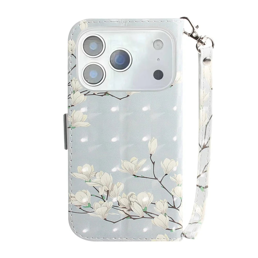For iPhone 18 Pro Max / 17 Pro Max Case Pattern Printing Leather Wallet Phone Cover with Wrist Strap - Magnolia - 7