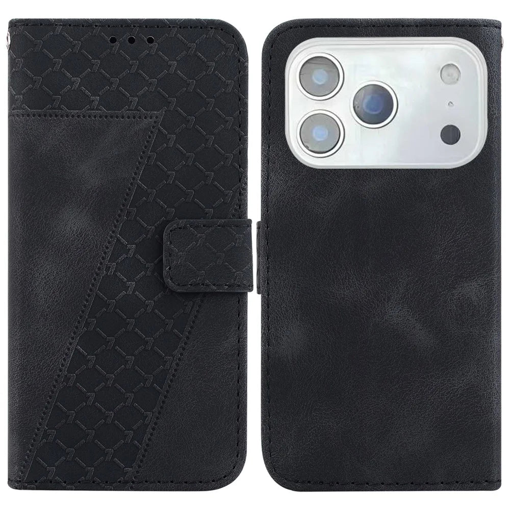 For iPhone 18 Pro Max / 17 Pro Max Stand Case 7-Shaped Pattern Imprint Leather Phone Cover with Strap - Black - 1