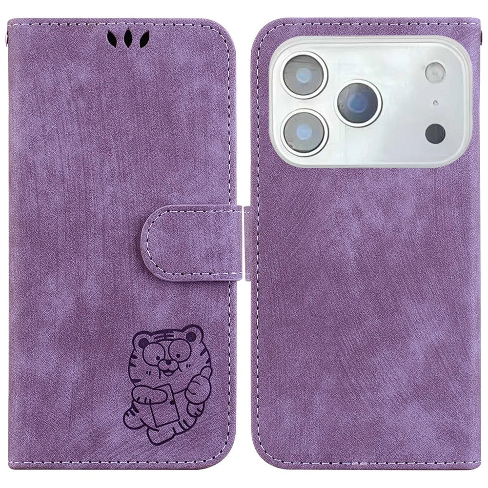 For iPhone 18 Pro Max / 17 Pro Max Wallet Case Tiger Imprint Leather Shockproof Phone Cover with Wrist Strap - Purple - 1