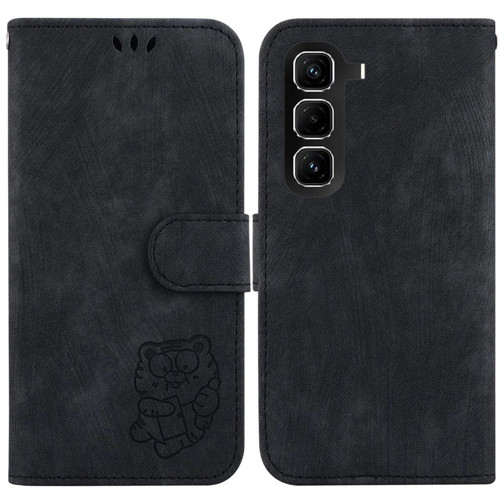 For Infinix Hot 50 Pro+ 4G Wallet Case Tiger Imprint Leather Shockproof Phone Cover with Wrist Strap - Black - 1