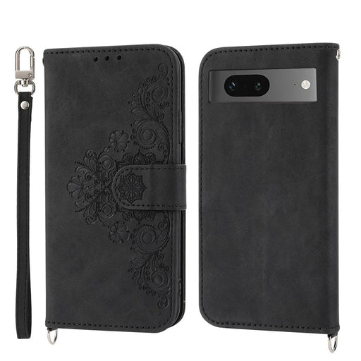 For Google Pixel 7 5G Imprinted Flowers Phone Case Skin-Touch PU Leather Stand Multiple Card Slots Wallet Cover with Wrist Strap and Shoulder Strap - Black - 1