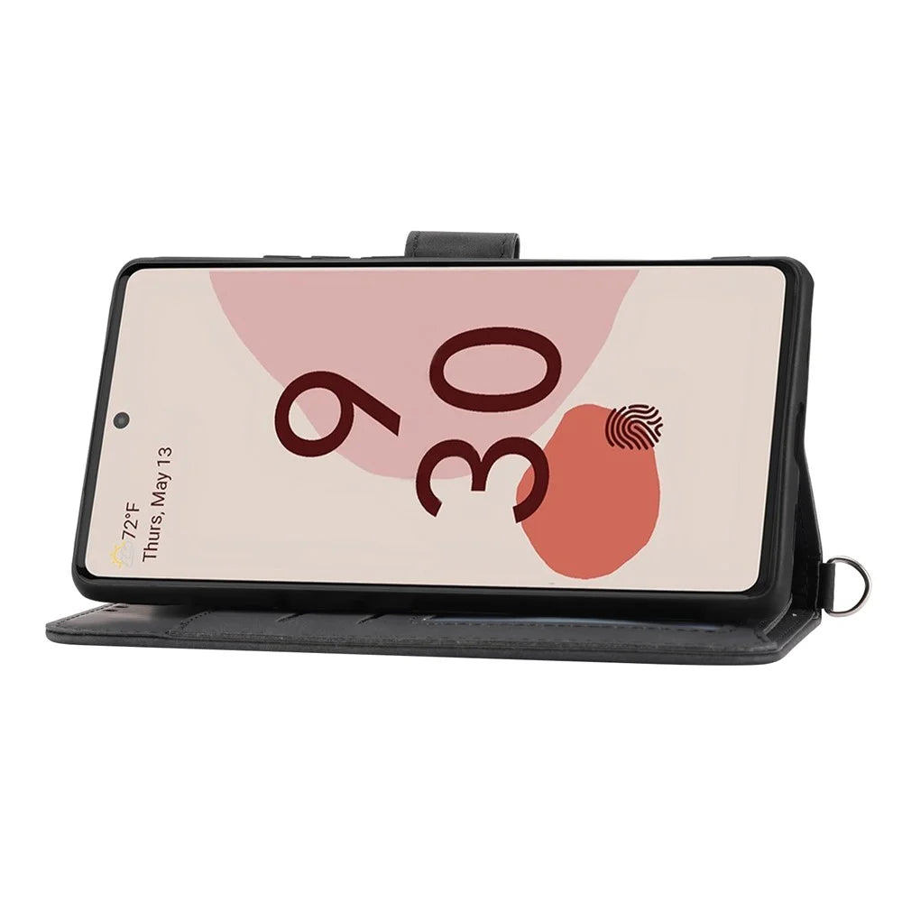 For Google Pixel 7 5G Imprinted Flowers Phone Case Skin-Touch PU Leather Stand Multiple Card Slots Wallet Cover with Wrist Strap and Shoulder Strap - Black - 2