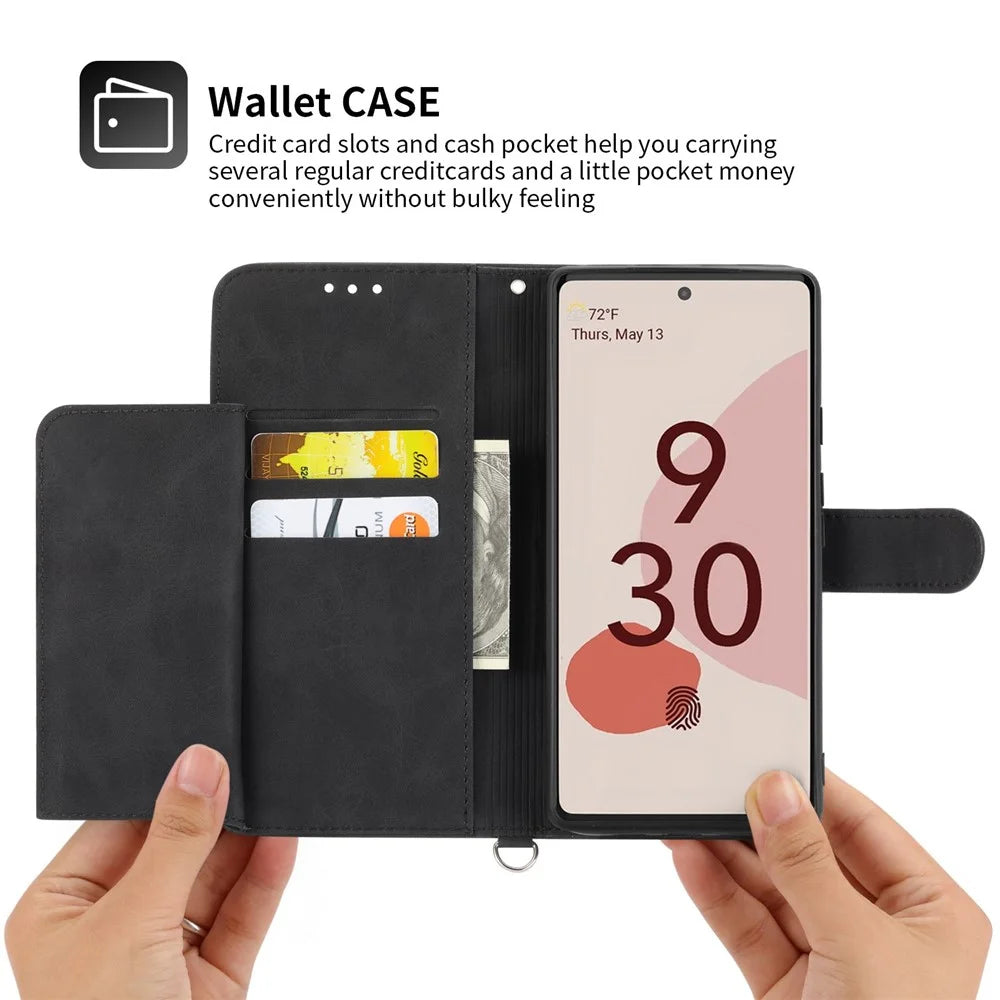 For Google Pixel 7 5G Imprinted Flowers Phone Case Skin-Touch PU Leather Stand Multiple Card Slots Wallet Cover with Wrist Strap and Shoulder Strap - Black - 3