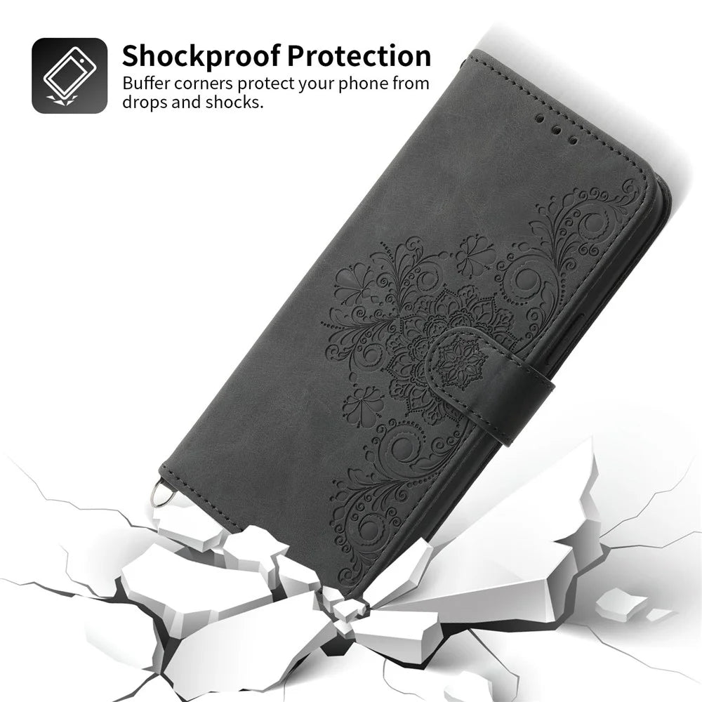 For Google Pixel 7 5G Imprinted Flowers Phone Case Skin-Touch PU Leather Stand Multiple Card Slots Wallet Cover with Wrist Strap and Shoulder Strap - Black - 6