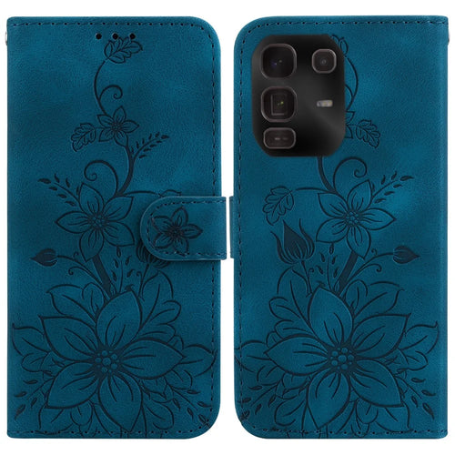 For Infinix Note 50 Pro+ 5G Stand Case Lily Flower Imprint Leather Phone Cover with Wrist Strap - Dark Blue - 1