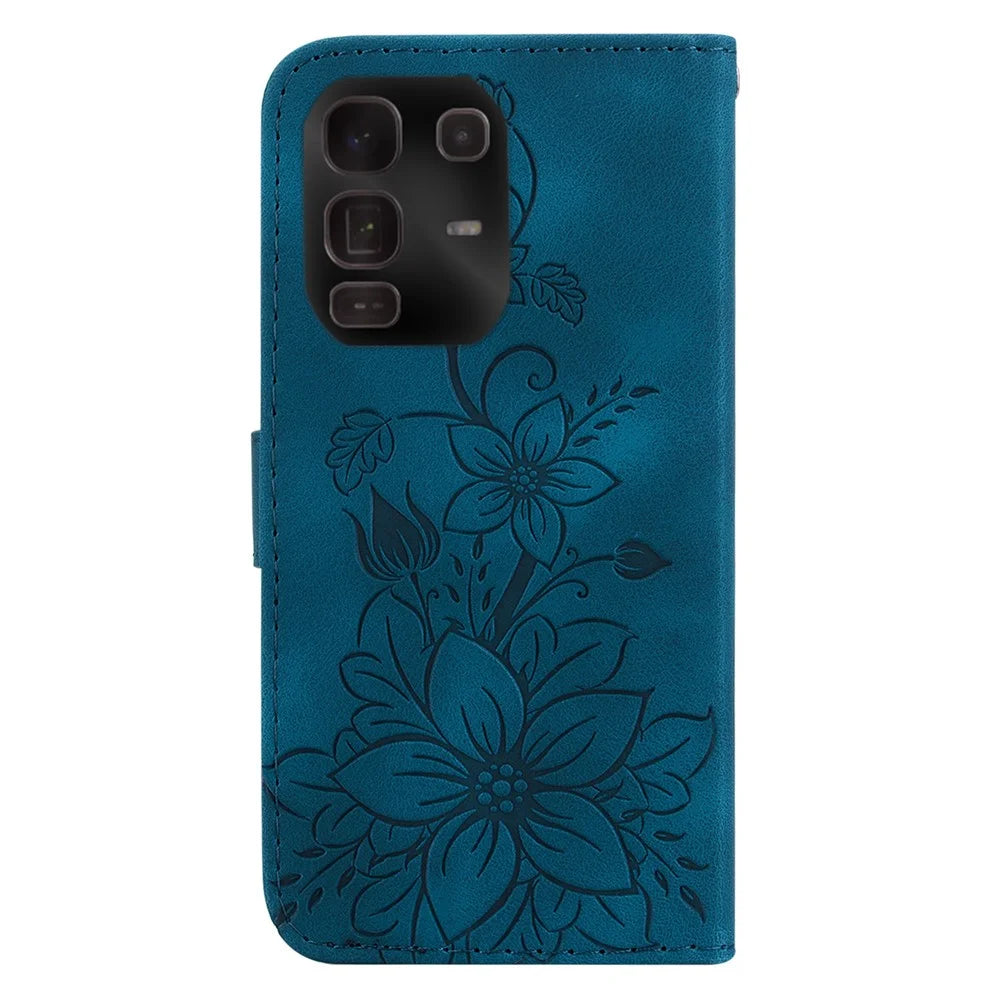 For Infinix Note 50 Pro+ 5G Stand Case Lily Flower Imprint Leather Phone Cover with Wrist Strap - Dark Blue - 7