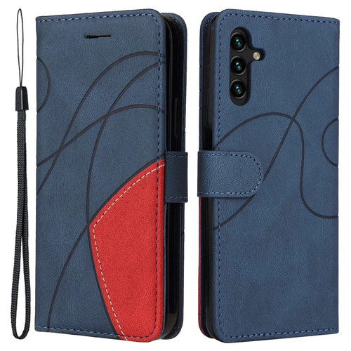 For Samsung Galaxy A14 5G / A14 4G Leather Case Wallet Stand Color Splicing Phone Cover - Blue - 1