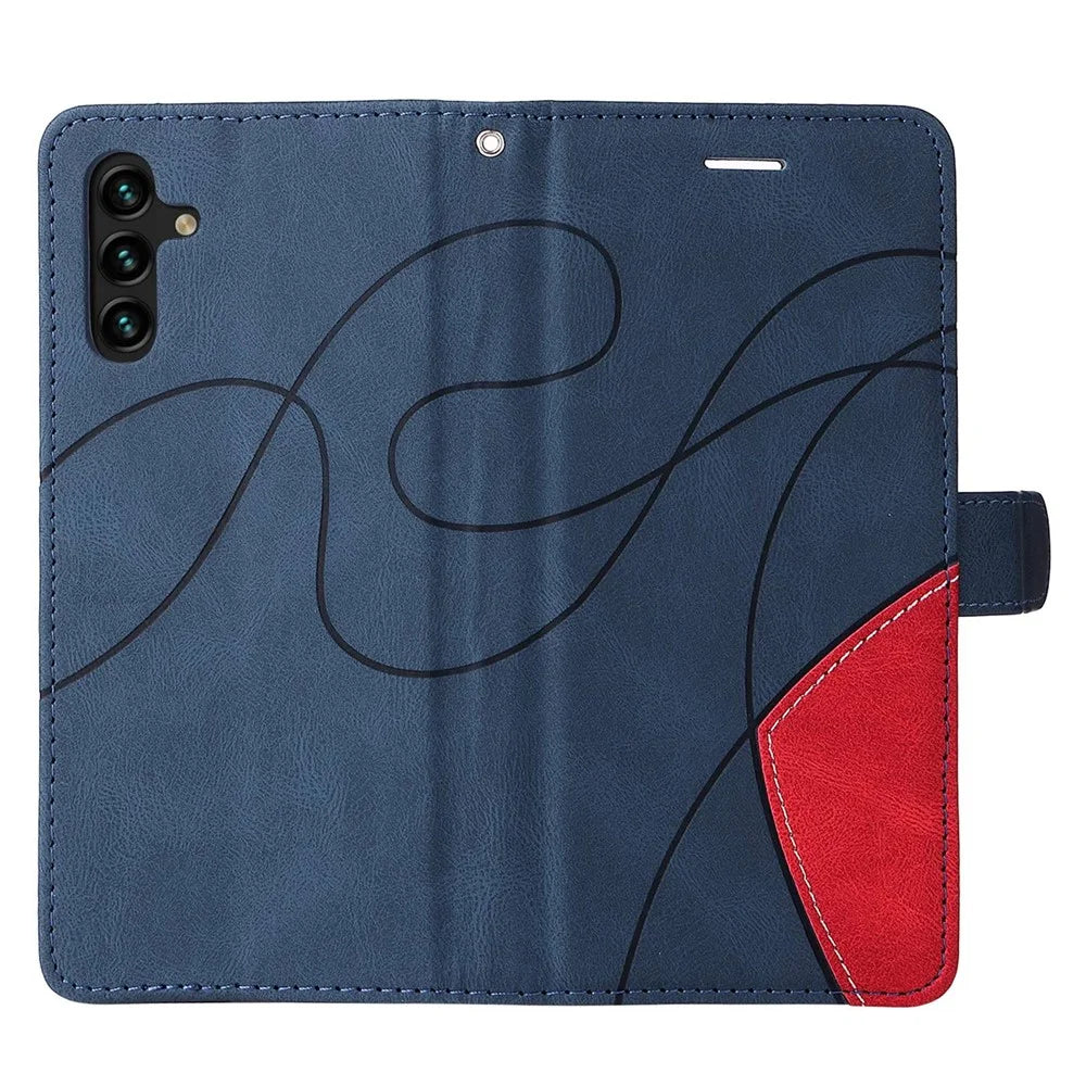 For Samsung Galaxy A14 5G / A14 4G Leather Case Wallet Stand Color Splicing Phone Cover - Blue - 5