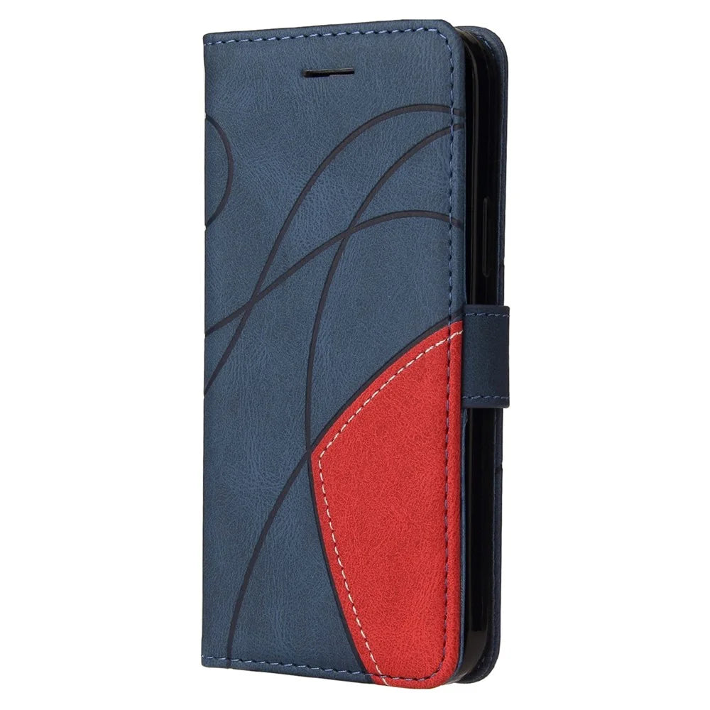 For Samsung Galaxy A14 5G / A14 4G Leather Case Wallet Stand Color Splicing Phone Cover - Blue - 7