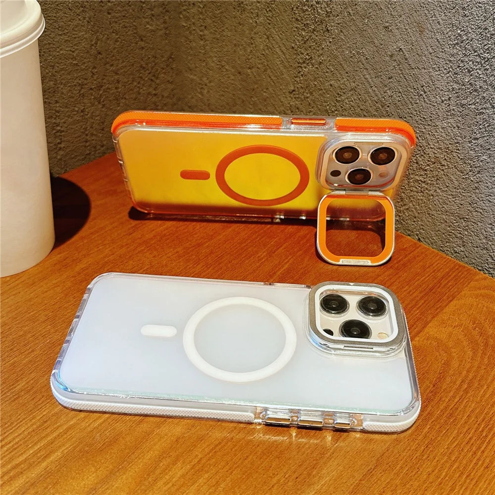 For iPhone 15 Pro Max Magnetic Case TPU Acrylic Phone Back Cover with Lens Film and Kickstand - White - 2