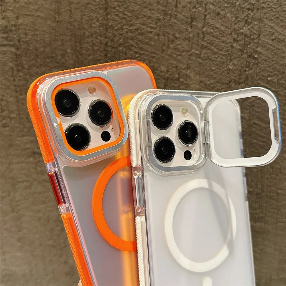 For iPhone 15 Pro Max Magnetic Case TPU Acrylic Phone Back Cover with Lens Film and Kickstand - White - 5