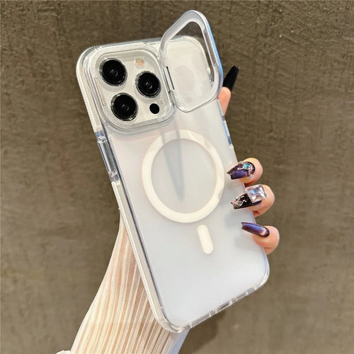 For iPhone 15 Pro Magnetic Case TPU Acrylic Phone Back Cover with Lens Film and Kickstand - White - 1