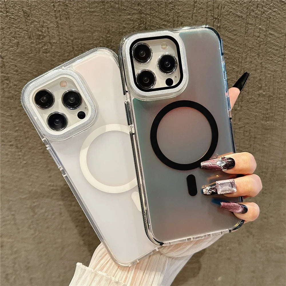 For iPhone 15 Pro Magnetic Case TPU Acrylic Phone Back Cover with Lens Film and Kickstand - White - 3
