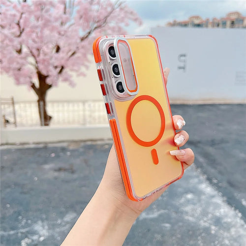 For Samsung Galaxy A55 5G Magnetic Case TPU Acrylic Phone Back Cover with Lens Film and Kickstand - Orange - 1