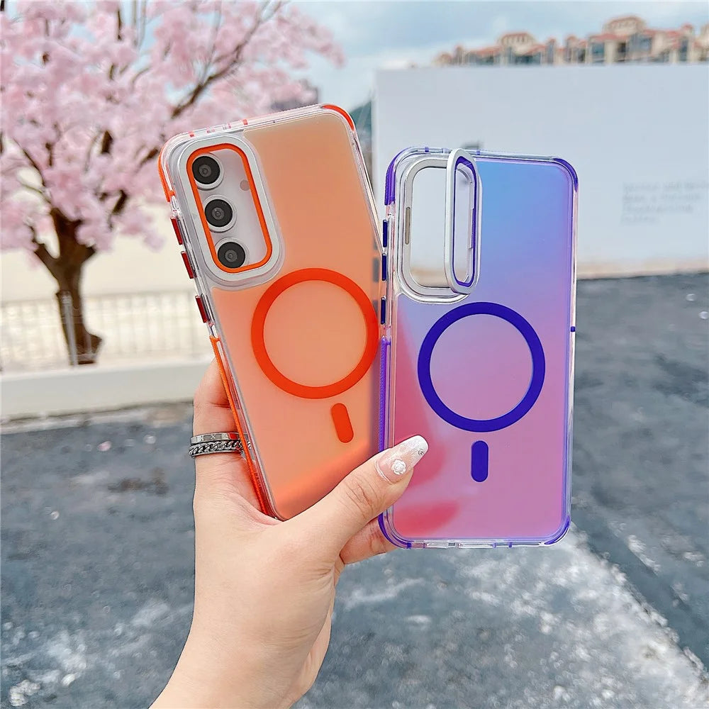 For Samsung Galaxy A55 5G Magnetic Case TPU Acrylic Phone Back Cover with Lens Film and Kickstand - Orange - 4