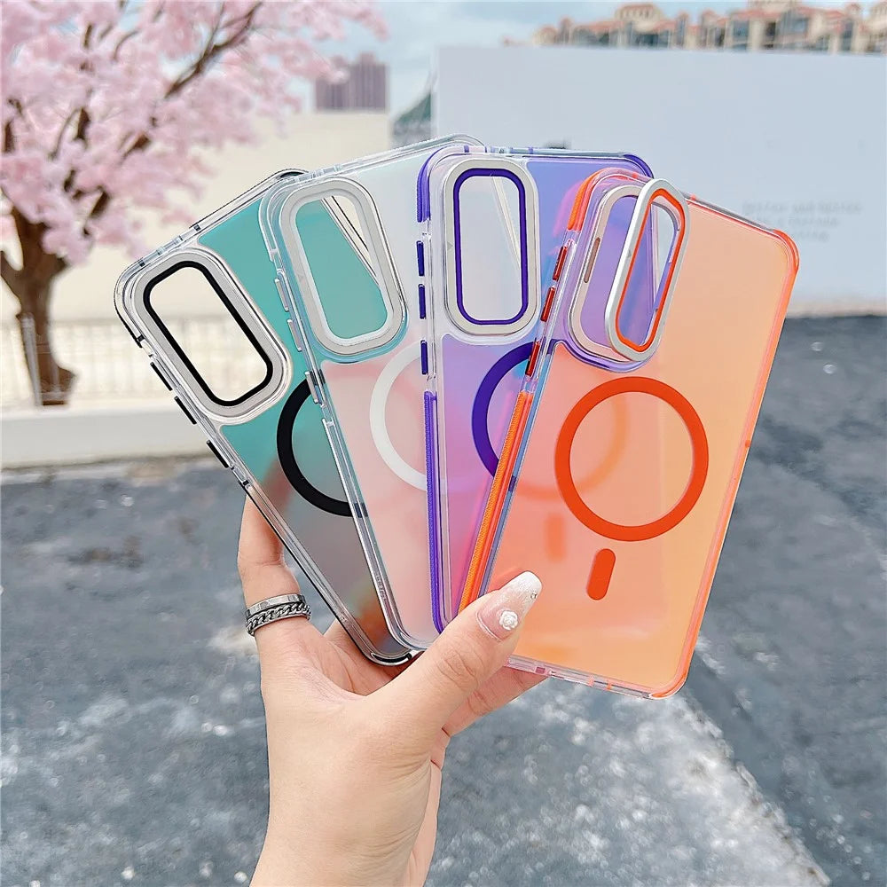 For Samsung Galaxy A55 5G Magnetic Case TPU Acrylic Phone Back Cover with Lens Film and Kickstand - Orange - 7