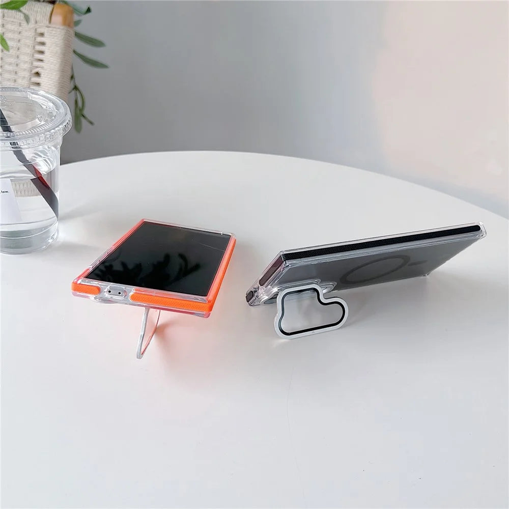 For Samsung Galaxy S25 Ultra Magnetic Case TPU Acrylic Phone Back Cover with Lens Film and Kickstand - Orange - 2
