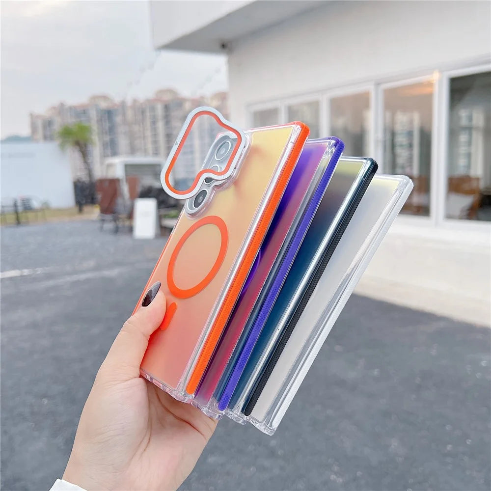 For Samsung Galaxy S25 Ultra Magnetic Case TPU Acrylic Phone Back Cover with Lens Film and Kickstand - Orange - 6