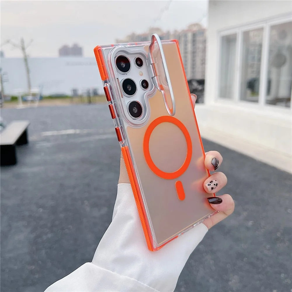 For Samsung Galaxy S24 Ultra Magnetic Case TPU Acrylic Phone Back Cover with Lens Film and Kickstand - Orange - 1