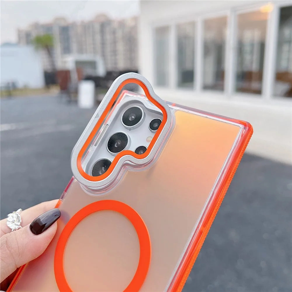 For Samsung Galaxy S24 Ultra Magnetic Case TPU Acrylic Phone Back Cover with Lens Film and Kickstand - Orange - 3