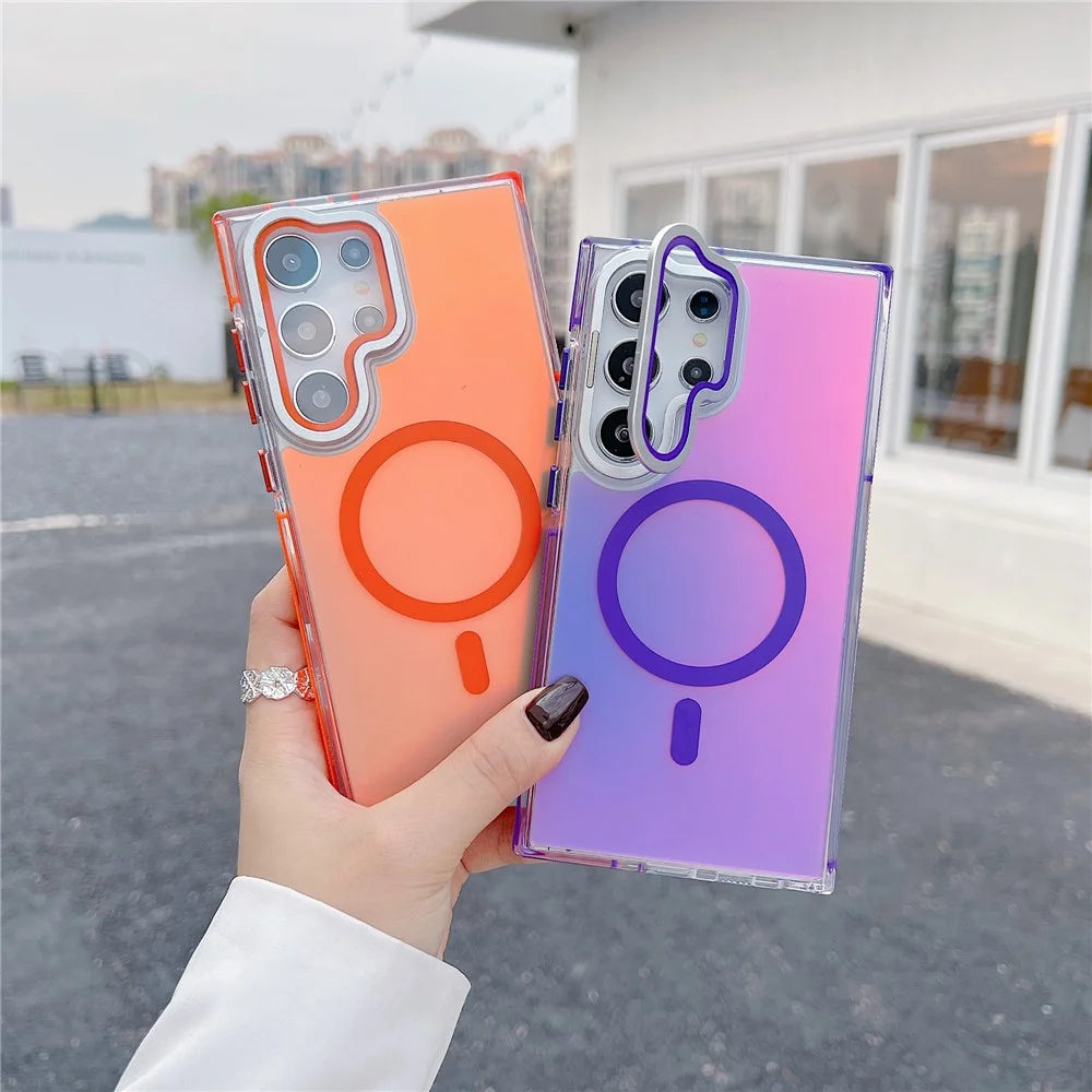 For Samsung Galaxy S24 Ultra Magnetic Case TPU Acrylic Phone Back Cover with Lens Film and Kickstand - Orange - 5