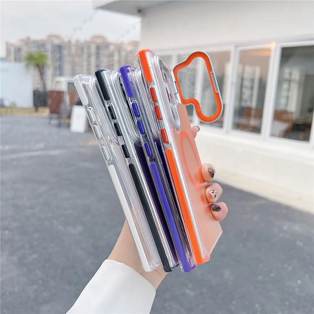 For Samsung Galaxy S24 Ultra Magnetic Case TPU Acrylic Phone Back Cover with Lens Film and Kickstand - Orange - 7