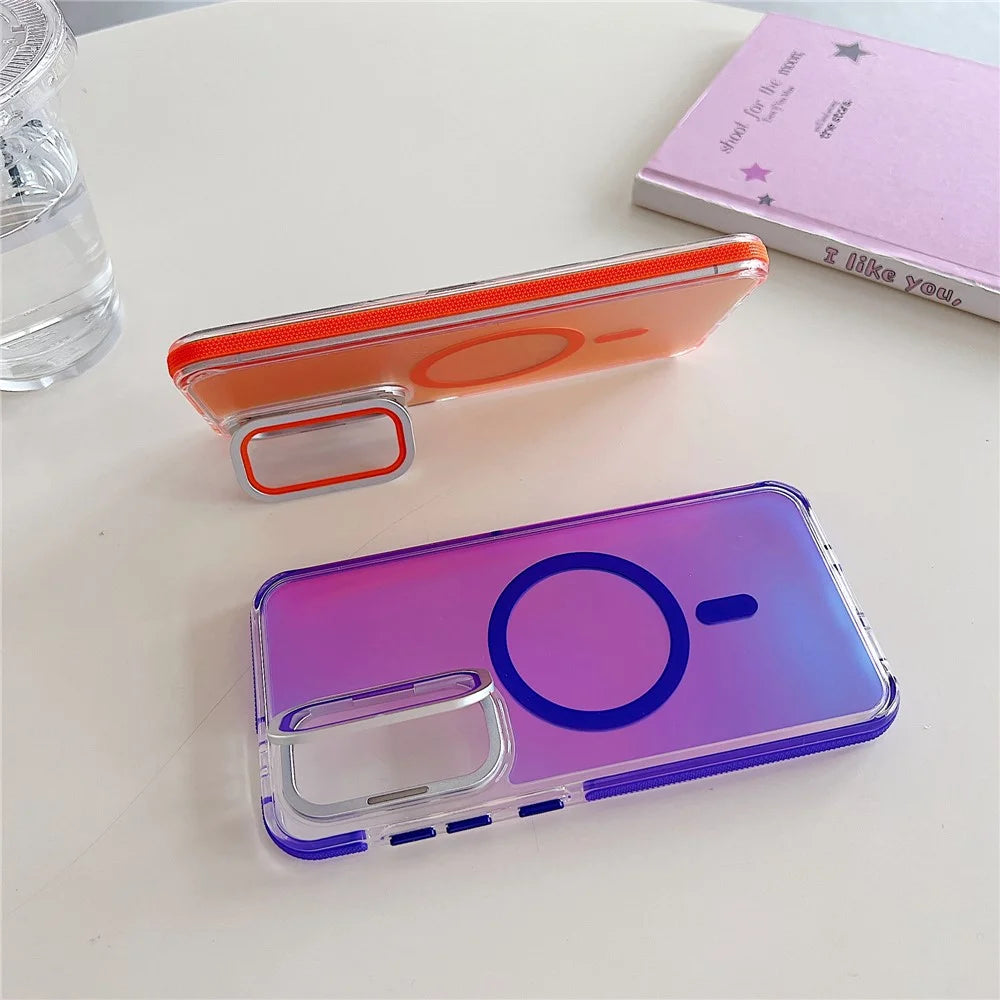 For Samsung Galaxy S24 FE Magnetic Case TPU Acrylic Phone Back Cover with Lens Film and Kickstand - Orange - 2