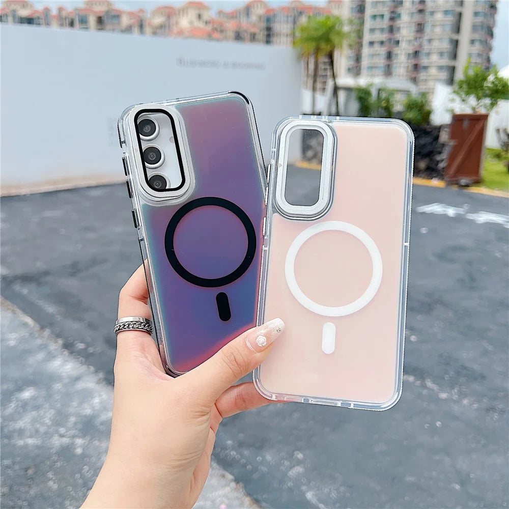 For Samsung Galaxy S24 FE Magnetic Case TPU Acrylic Phone Back Cover with Lens Film and Kickstand - Orange - 3