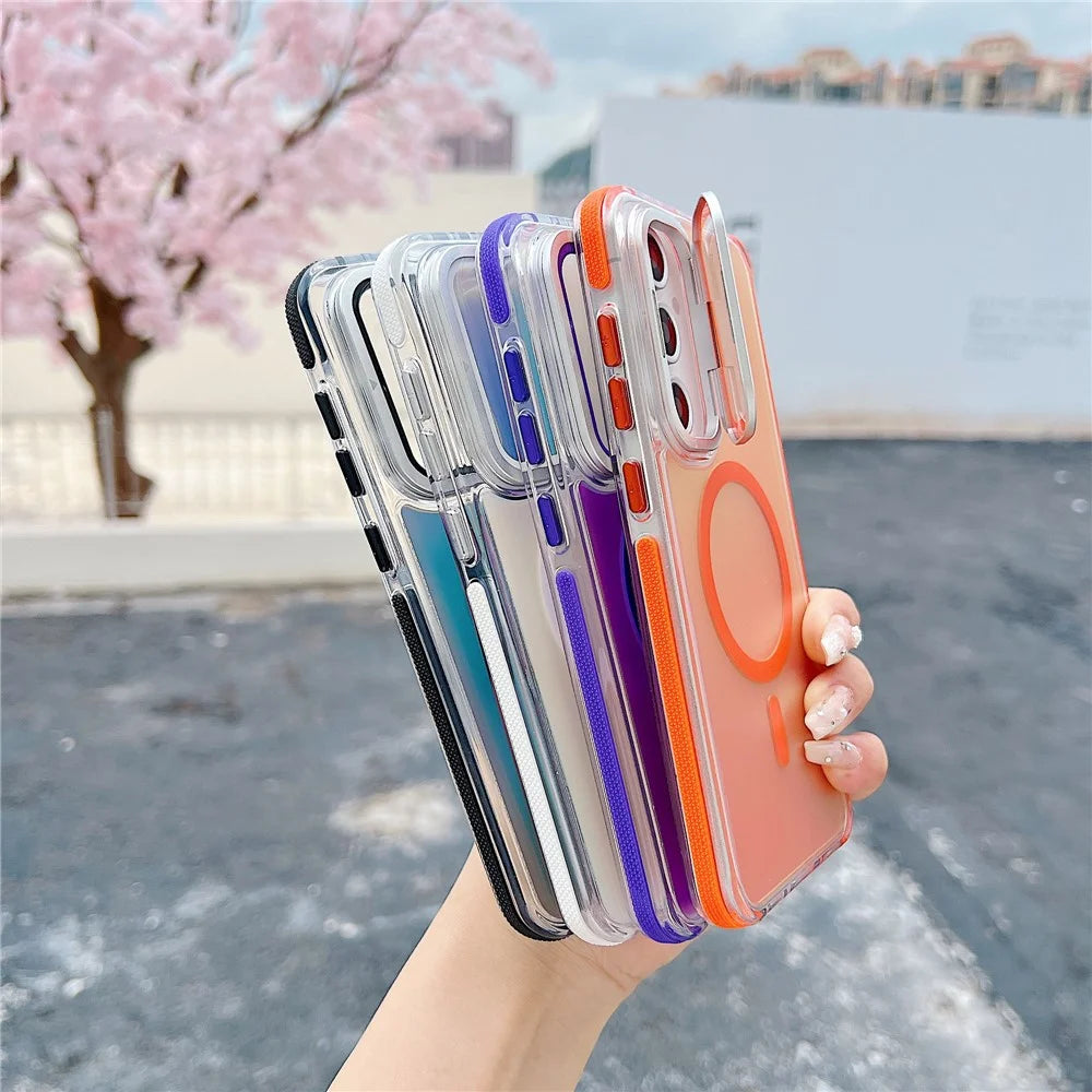 For Samsung Galaxy S24 FE Magnetic Case TPU Acrylic Phone Back Cover with Lens Film and Kickstand - Orange - 6