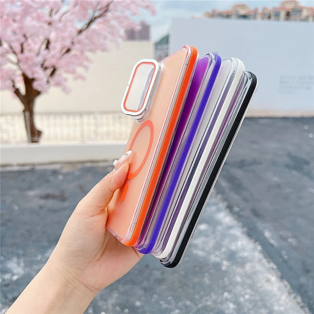 For Samsung Galaxy S24 FE Magnetic Case TPU Acrylic Phone Back Cover with Lens Film and Kickstand - Orange - 7