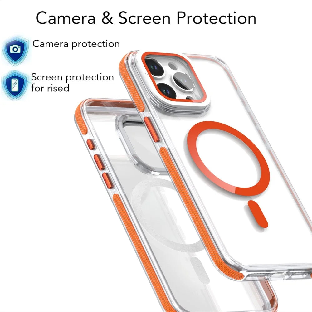 For iPhone 15 Pro Max Magnetic Case TPU Acrylic Clear Phone Back Cover with Lens Protector Kickstand - Orange - 6
