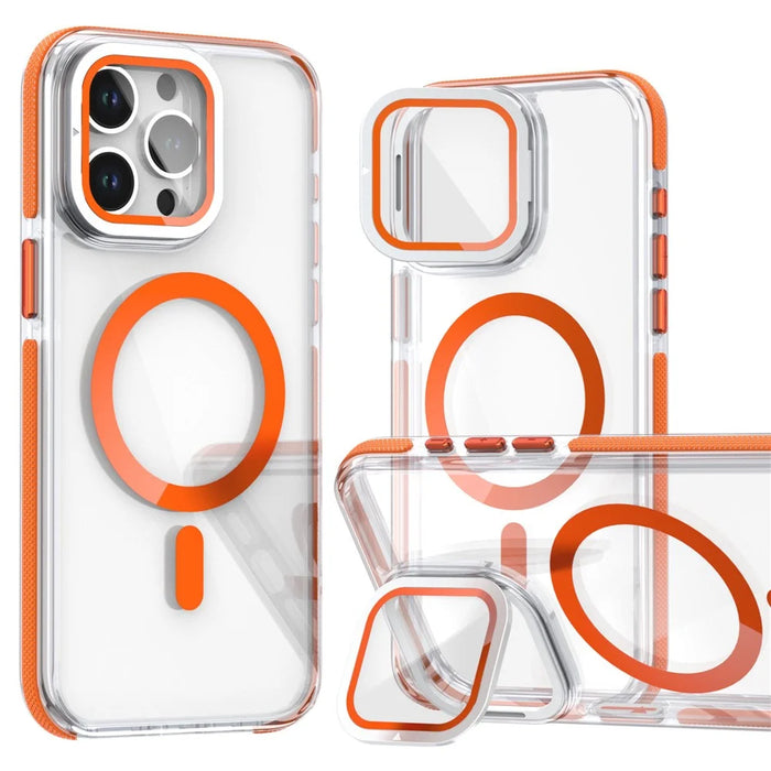 For iPhone 15 Pro Magnetic Case TPU Acrylic Clear Phone Back Cover with Lens Protector Kickstand - Orange - 1