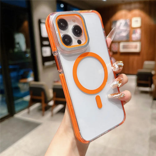 For iPhone 15 Pro Magnetic Case TPU Acrylic Clear Phone Back Cover with Lens Protector Kickstand - Orange - 2