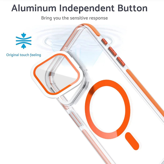 For iPhone 15 Pro Magnetic Case TPU Acrylic Clear Phone Back Cover with Lens Protector Kickstand - Orange - 3