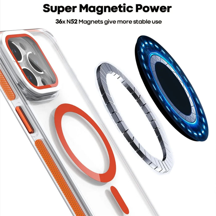 For iPhone 15 Pro Magnetic Case TPU Acrylic Clear Phone Back Cover with Lens Protector Kickstand - Orange - 4