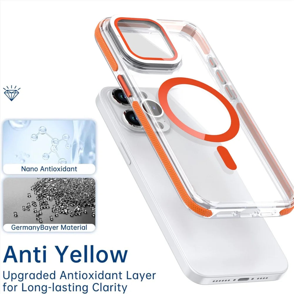 For iPhone 15 Pro Magnetic Case TPU Acrylic Clear Phone Back Cover with Lens Protector Kickstand - Orange - 5